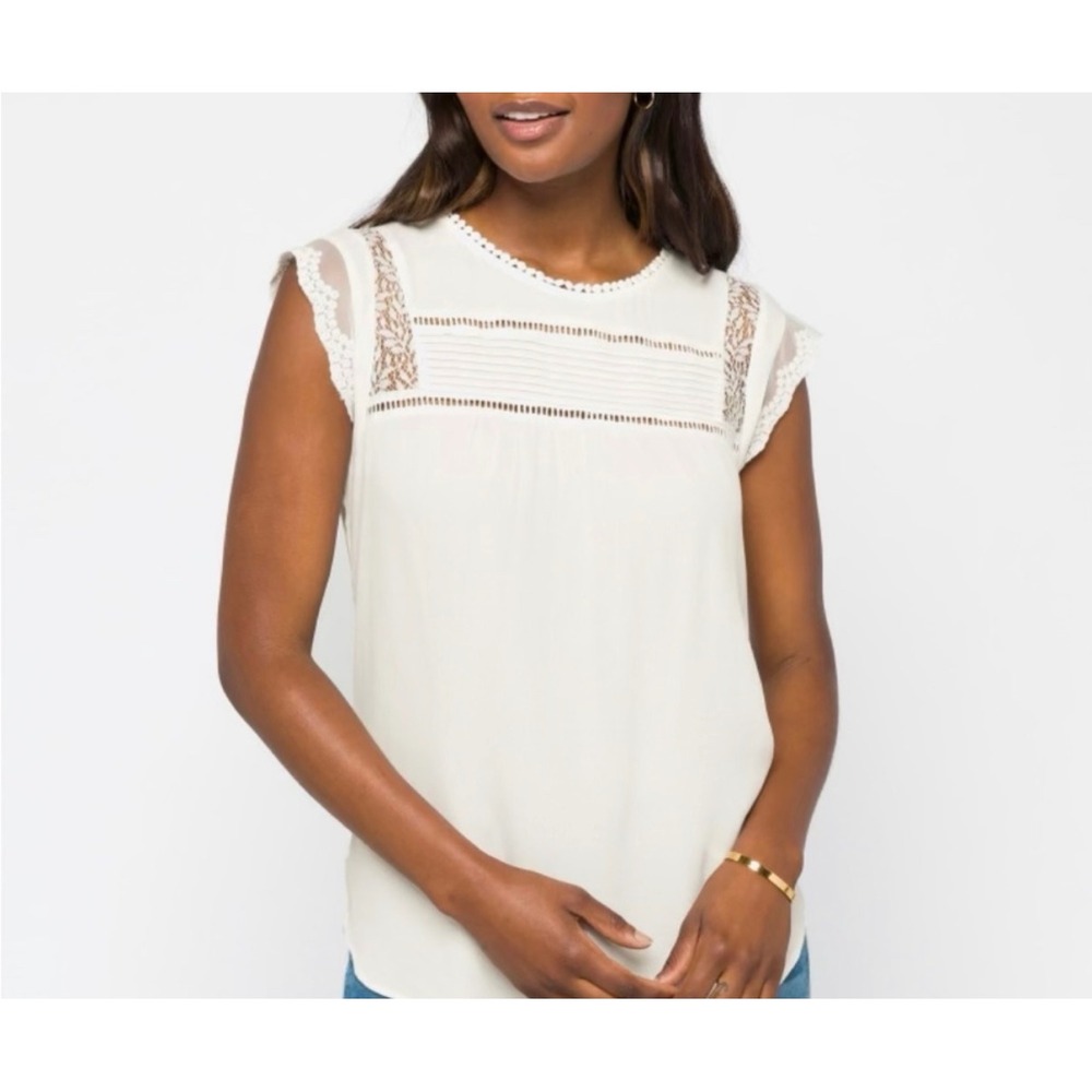 Daniel Rainn White Lace Trim Cap Sleeve Blouse Top boho rayon women‎ Size S